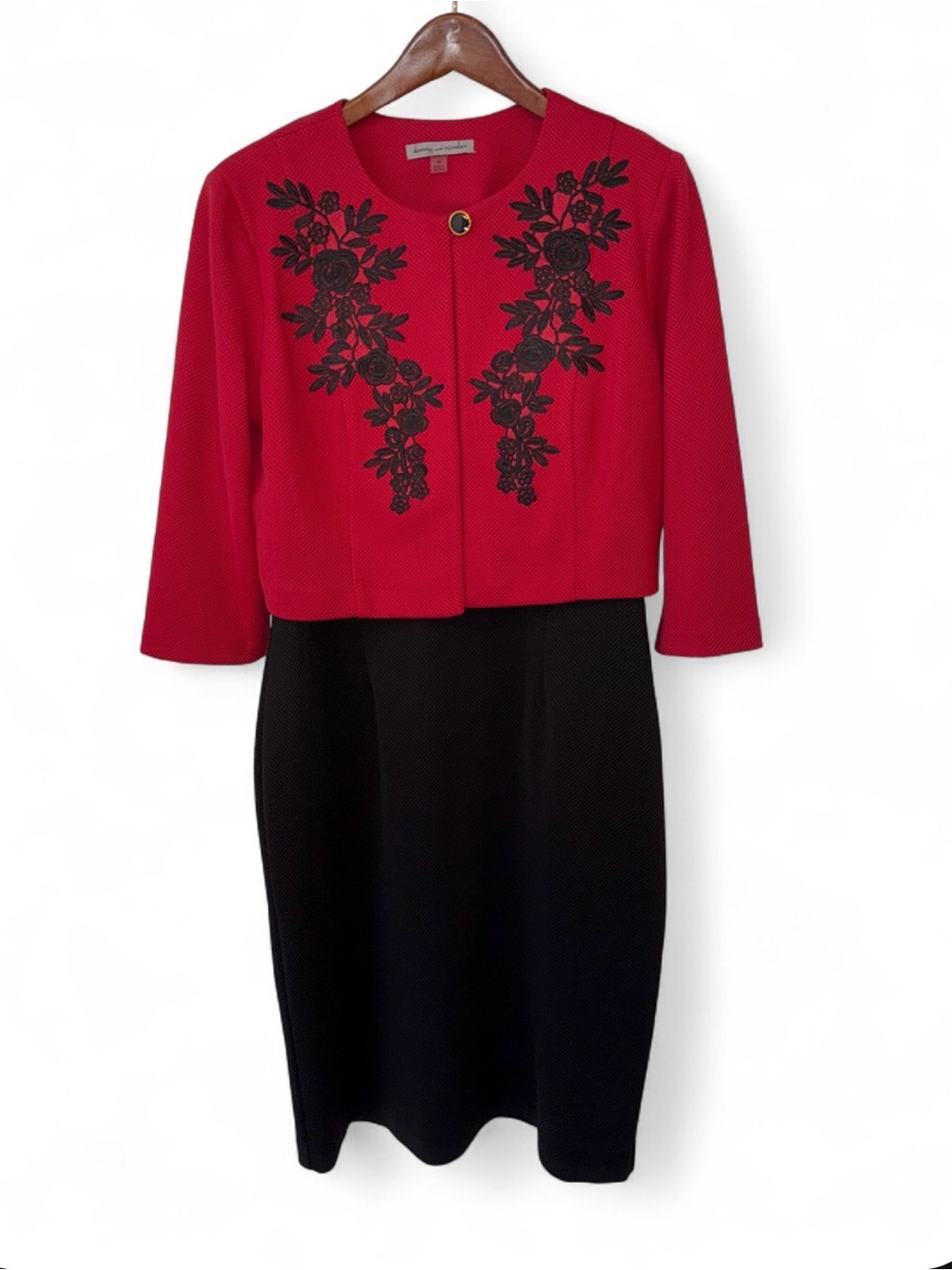 Danny & Nicole Red Cropped Jacket with Black Floral Embroidered Pencil Dress Set